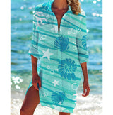 Printed Long Sleeve Beach Shirt Dress