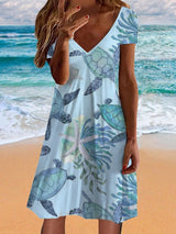 Women's Hawaiian Turtle Print V-Neck Resort Dress