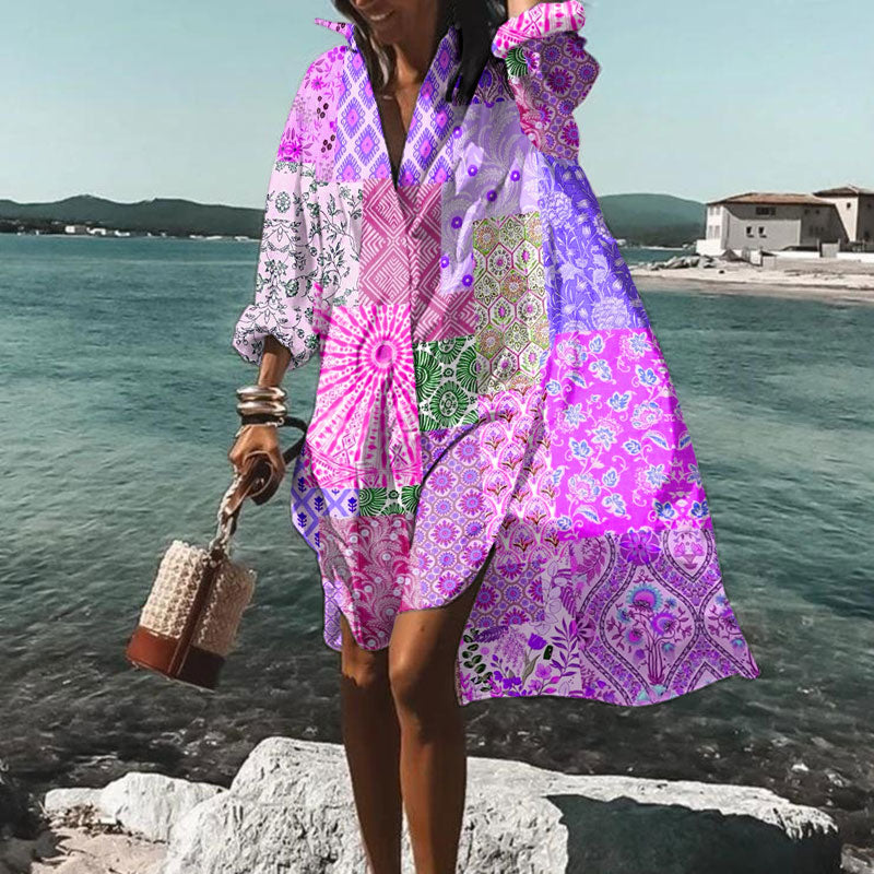 Vacation Bohemian Multicolor Floral Art Print Casual Loose Shirt Dress