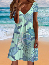 Women's Hawaiian Turtle Print V-Neck Resort Dress