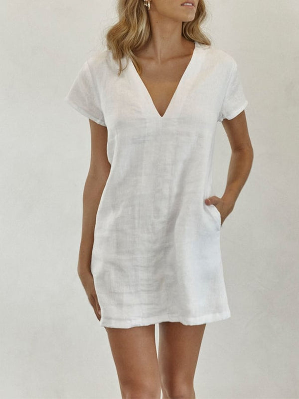 Buy 3 Get 10% OffWomen's Cotton Linen V Neck Pocket Dress