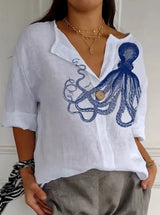 Japanese Art Octopus Printed V-neck Tunic Top