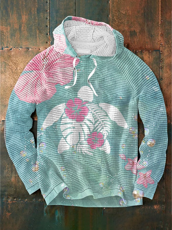 Men's Maui Lahaina Hibiscus Turtle Print Waffle Hooded Sweatshirt