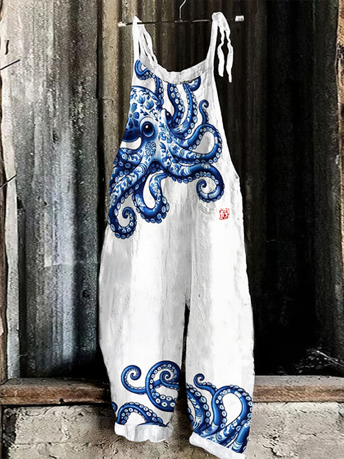 Japanese Art Ocean Octopus Art Print Loose Jumpsuit