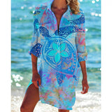 Printed Long Sleeve Beach Shirt Dress