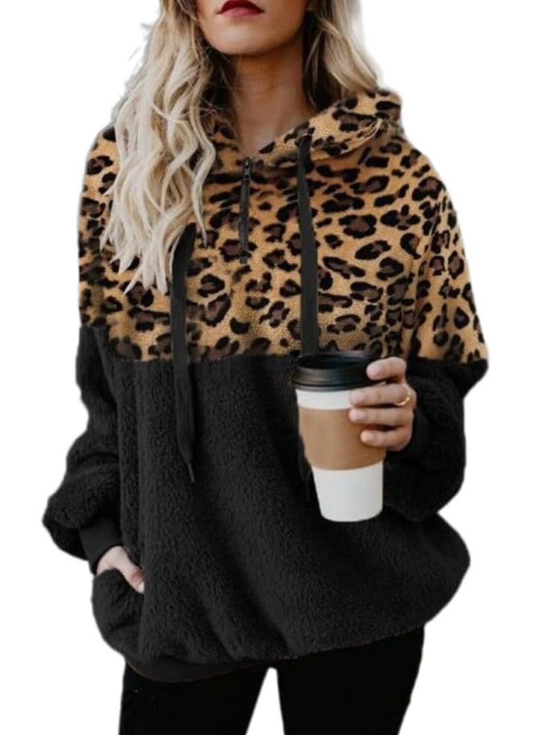 leopard print Athletic Sherpa Fluffy Hoodies Pullover with Pockets