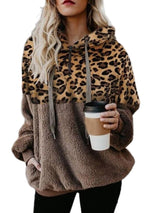 leopard print Athletic Sherpa Fluffy Hoodies Pullover with Pockets