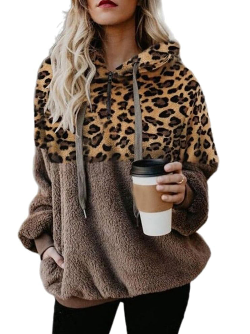 leopard print Athletic Sherpa Fluffy Hoodies Pullover with Pockets