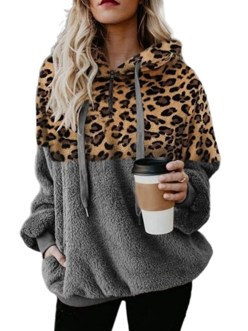 leopard print Athletic Sherpa Fluffy Hoodies Pullover with Pockets