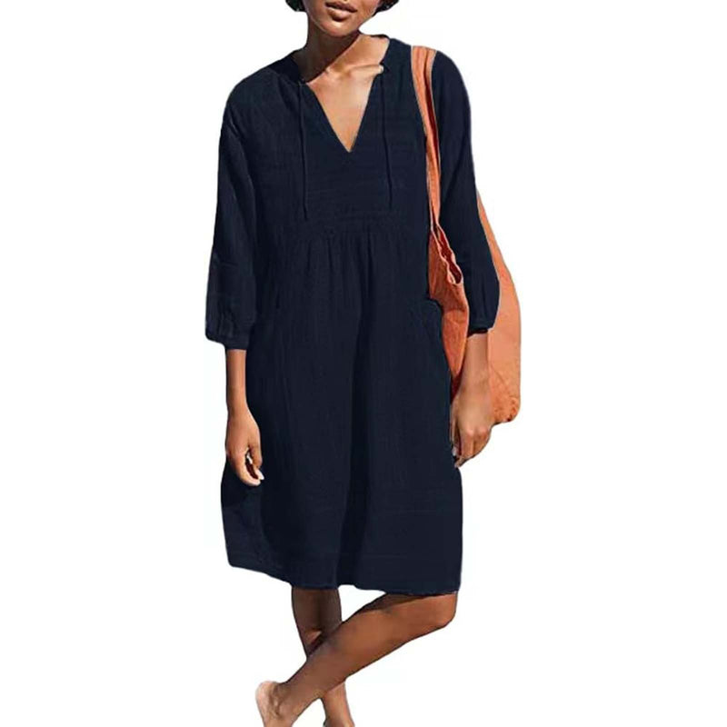 Cotton Linen V-neck Casual Loose Dress