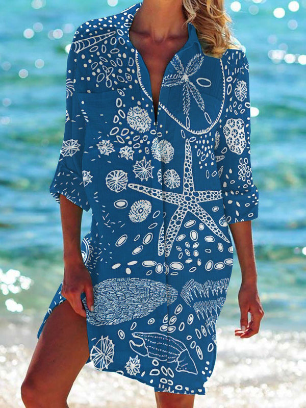 Printed Long Sleeve Beach Shirt Dress