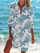 Turn-Down Collar Buttons-Up Beach Turtle Print Shirts Dress