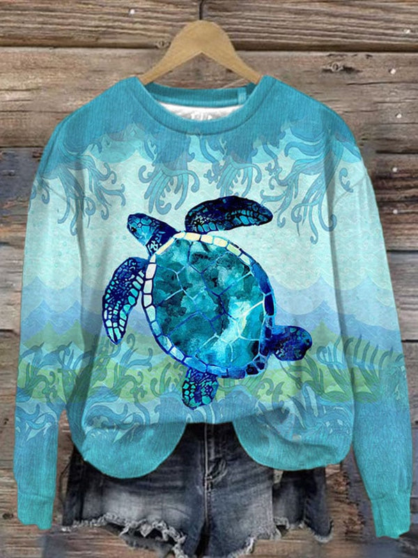 Women's Casual Sea Turtle Print Long Sleeve Sweatshirt