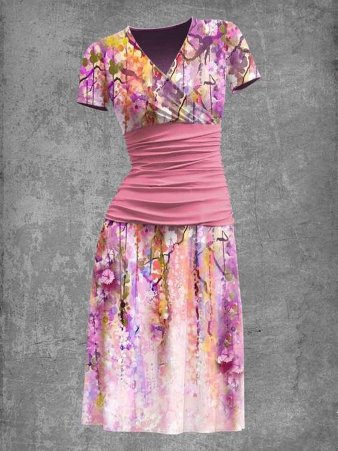 Buy 3 Get 10% OffWomen's Oil Painting Floral Print V-Neck Short Sleeve Dress