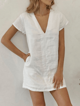 Buy 3 Get 10% OffWomen's Cotton Linen V Neck Pocket Dress