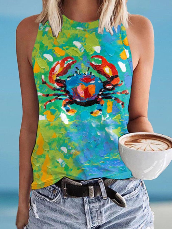 Buy 3 Get 10% OffSea Crab Oil Painting Print Tank Top