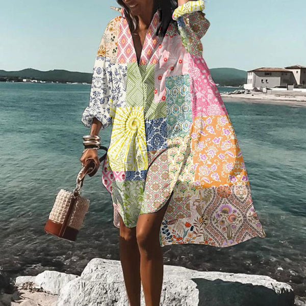 Vacation Bohemian Multicolor Floral Art Print Casual Loose Shirt Dress