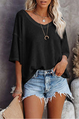 Waffle Knit Casual Drop Shoulder Loose Top