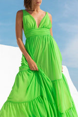 Refreshing forest green pleated deep V-neck high-waist dress