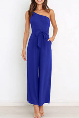 Solid color straight-through pants strapless jumpsuit