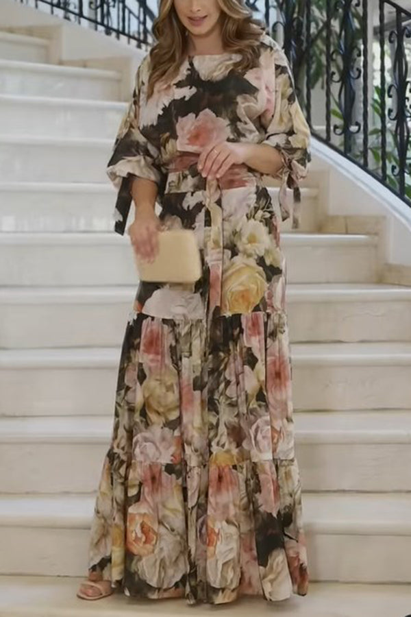 Garden Blooms Floral Puff Sleeve Tie Up Top and Tiered Maxi Skirt Set