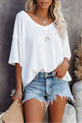 Waffle Knit Casual Drop Shoulder Loose Top