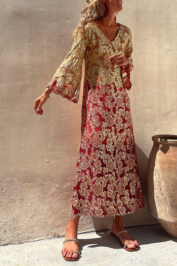 Summer Gold Floral Gradient Long Sleeve Dress