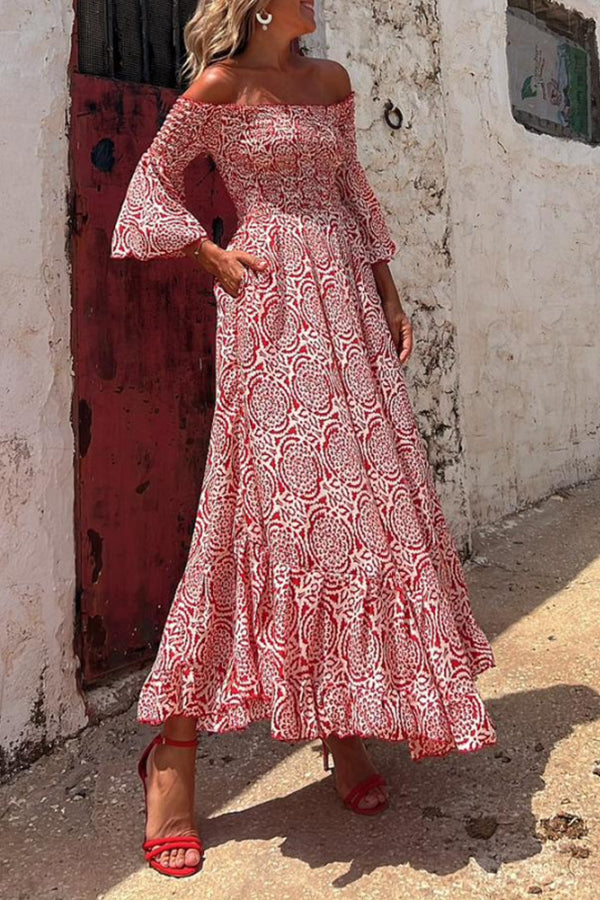 Olvera Red Flower Cropped Bell Sleeve Long Dress