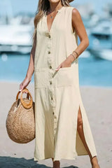 Cotton And Linen Sleeveless Solid Loose V-neck Maxi Dress