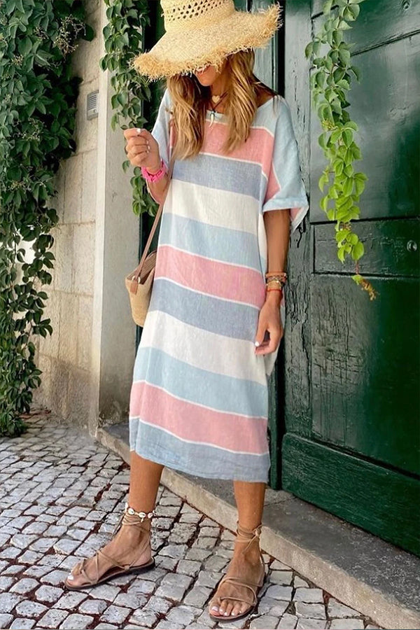 Multicolor Striped Color Block Loose Fit Half Sleeve Maxi Dress