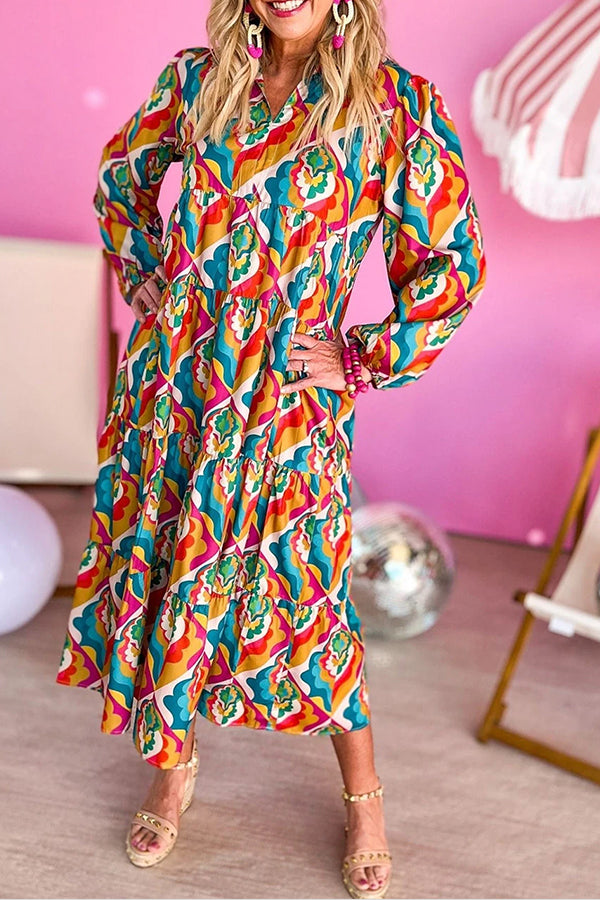 Multicolor Abstract Geometric Print Notch Neck Tiered Boho Dress