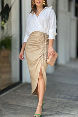 Solid Shirt Pleated Drawstring Slit Skirt