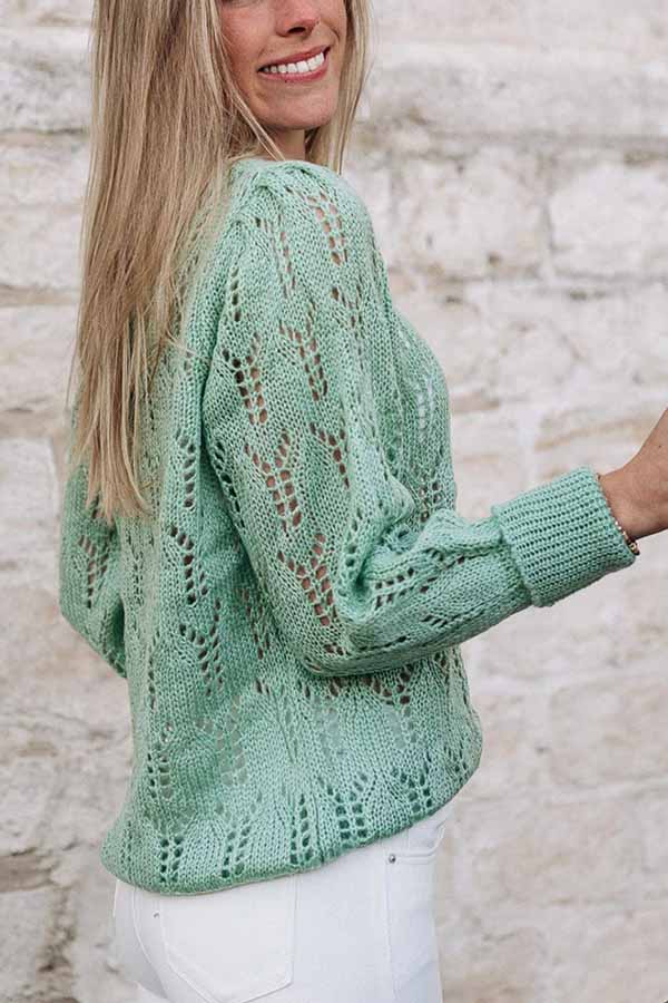 Green Casual Sheer Knitted Pointelle Sweater