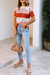 Brown Crochet Knit Colorblock Stripe Short Sleeve Top