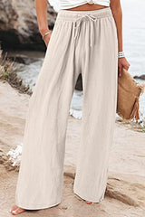 Cotton linen wide-leg drawstring beach pants casual pants