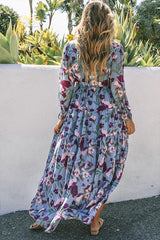 Light Blue Floral Print Ruffle Trim Maxi Dress