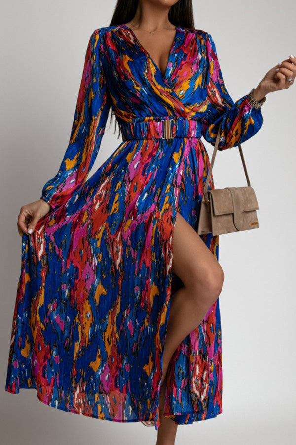 Fashion Print V Neck Long Sleeve Belt Belt Dress