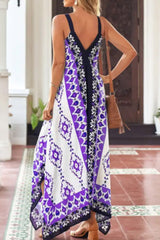 V-Neck Casual Loose Retro Print Vacation Sleeveless Maxi Dress