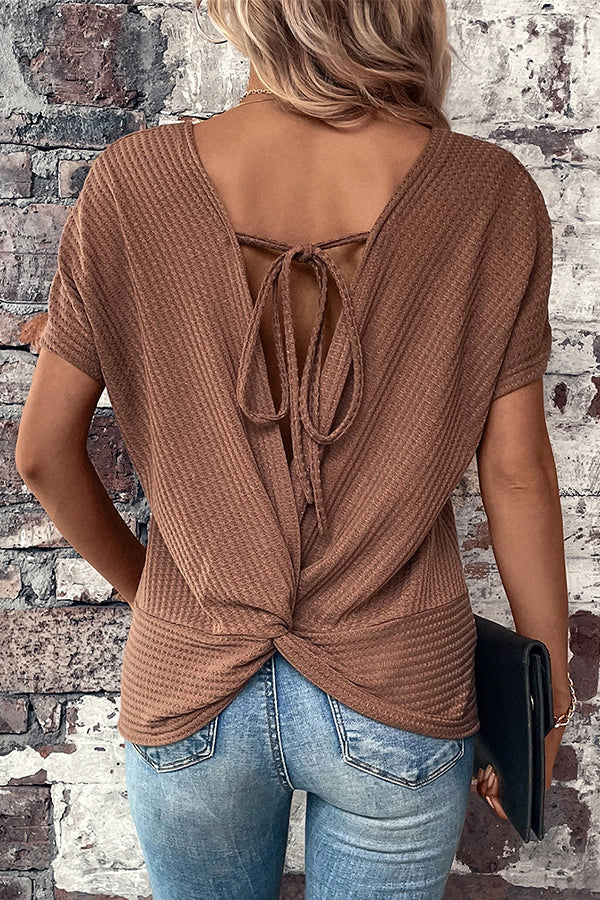 Brown Casual Drawstring Twisted Back Waffle T Shirt