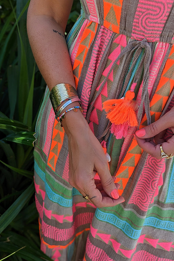 Sunlit Magic Linen Blend Ethnic Print Ruffle Sleeve Tassel Maxi Dress