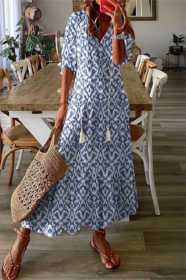 Geometric Print Casual V Neck Maxi Dress