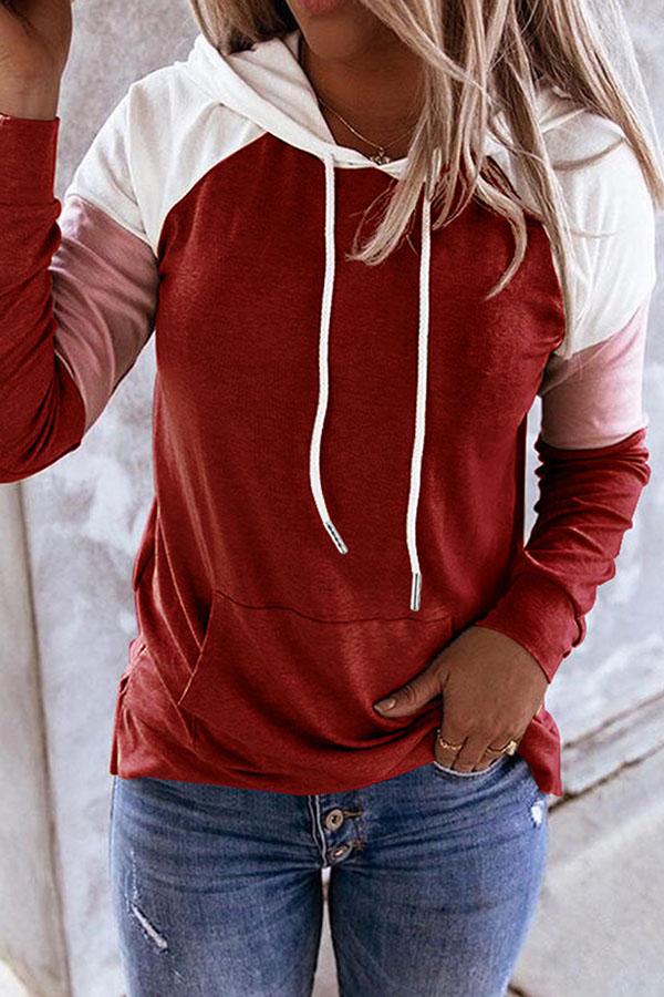 Long-sleeved Color-blocking Hooded Sweatshirt