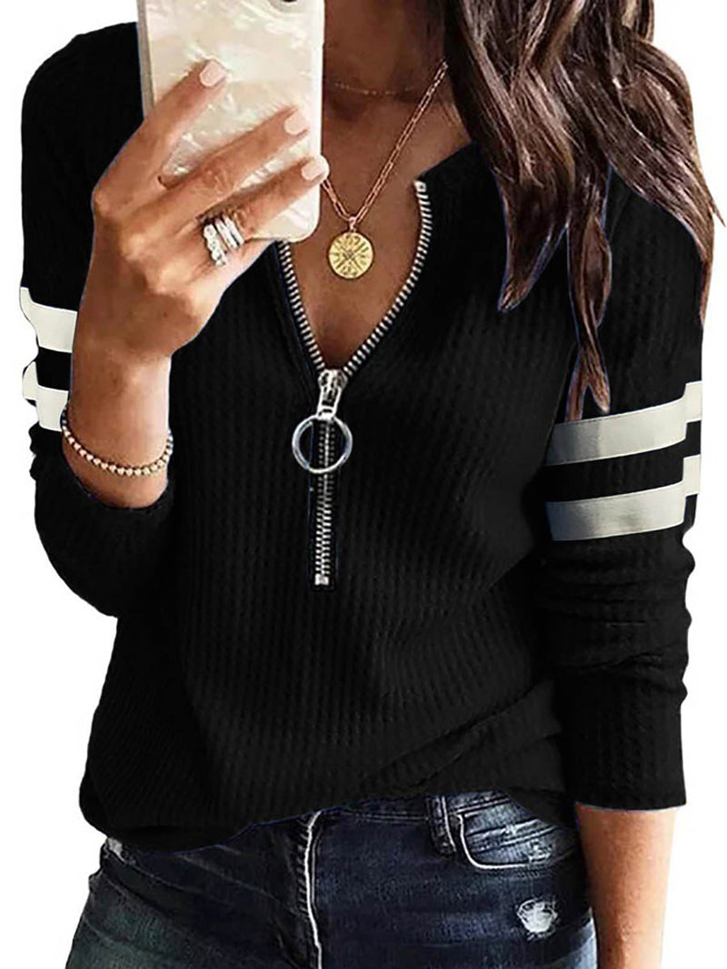 iForgirls V-Neck Zipper Splicing Long Sleeve T-shirt(6 colors)