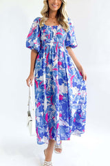 Elegant Square Neck Printed Puff Sleeve Long Dress