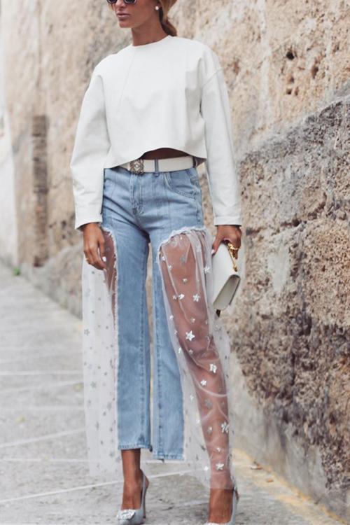 Star Mesh Patchwork Flares Jeans