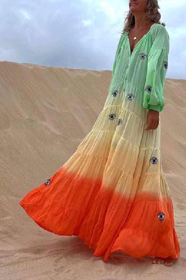 Latam Orange Ombre Pleated Cake Dress Maxi