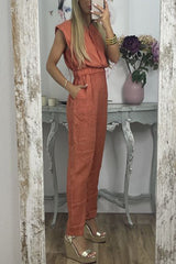 Casual Solid Pocket V Neck Loose Jumpsuits