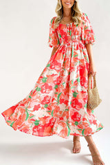 Elegant Square Neck Printed Puff Sleeve Long Dress