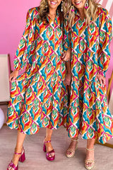 Multicolor Abstract Geometric Print Notch Neck Tiered Boho Dress