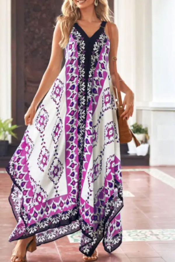 V-Neck Casual Loose Retro Print Vacation Sleeveless Maxi Dress